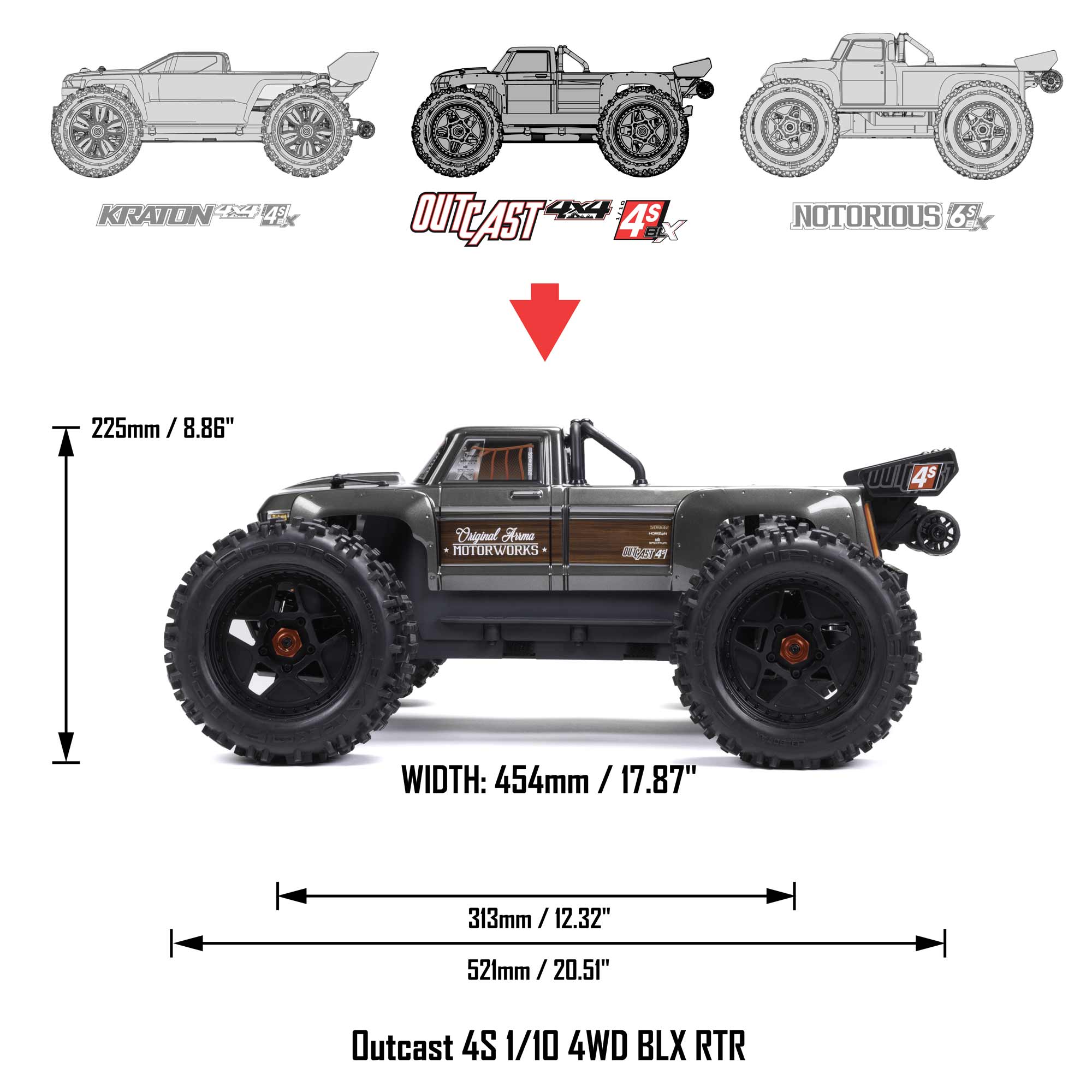 1/10 OUTCAST 4X4 4S V2 BLX Stunt Truck RTR, Gunmetal