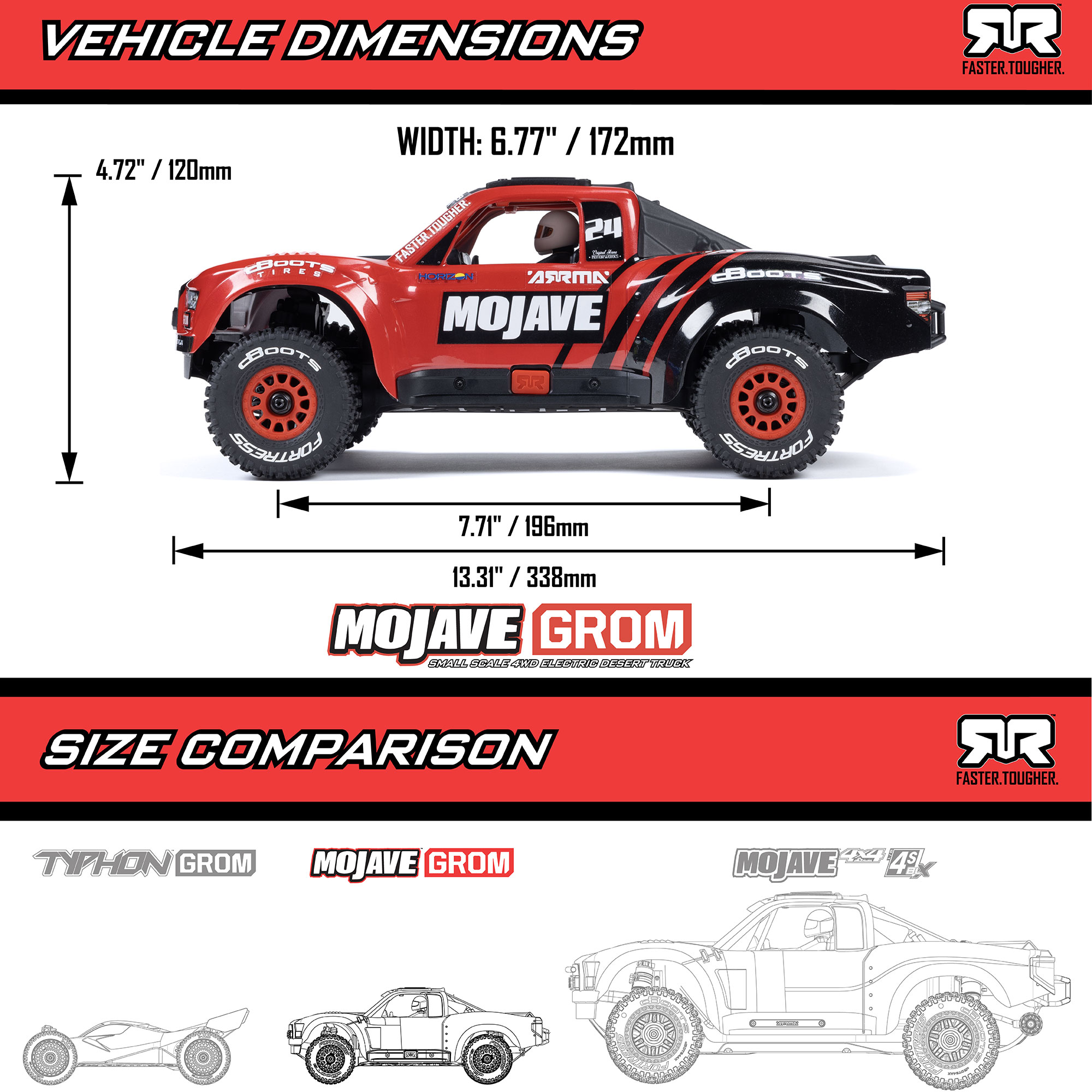 MOJAVE GROM MEGA 380 Camión del desierto a pequeña escala 4X4 cepillado RTR con batería y cargador, rojo/negro